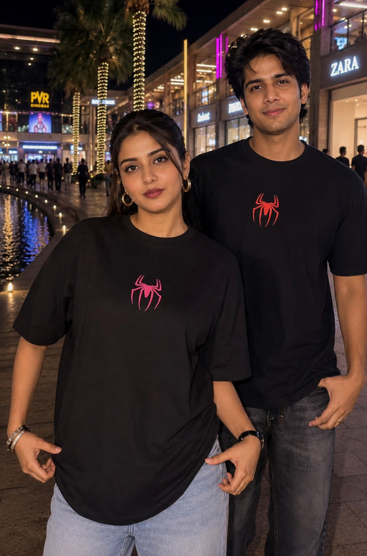 Pack of 2: Spider-Man and Spider-Woman Matching Spider Oversized T-shirts (Front Side Printed)