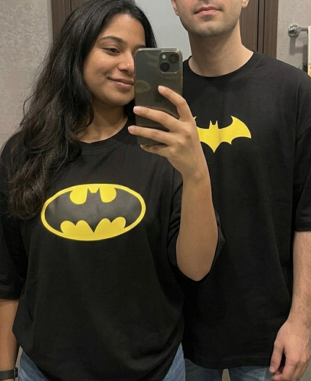 Pack of 2: Batman and Batwoman Matching Oversized T-shirts (Front Side Printed)