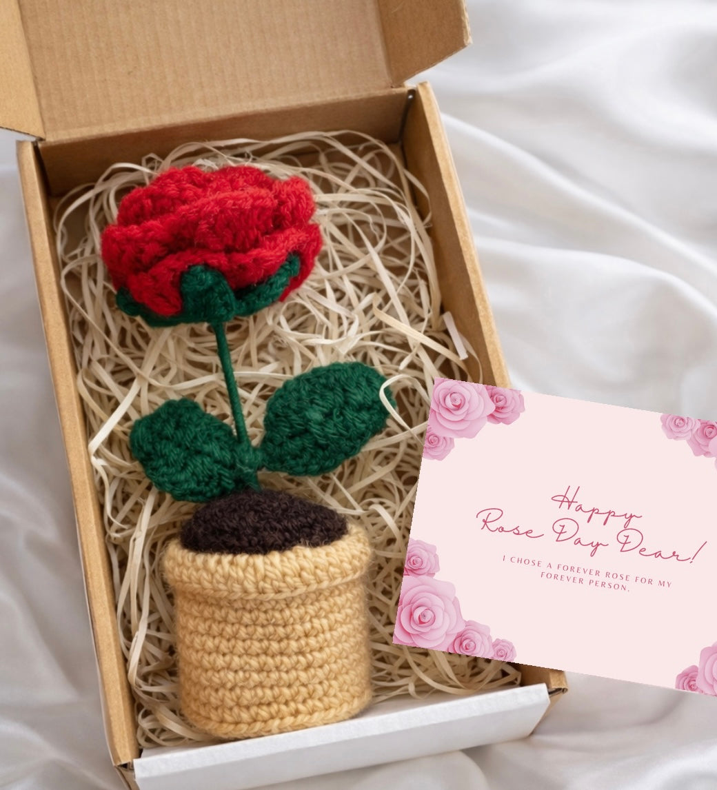 Rose Crochet Flower Pot (Rose Day Special) with card