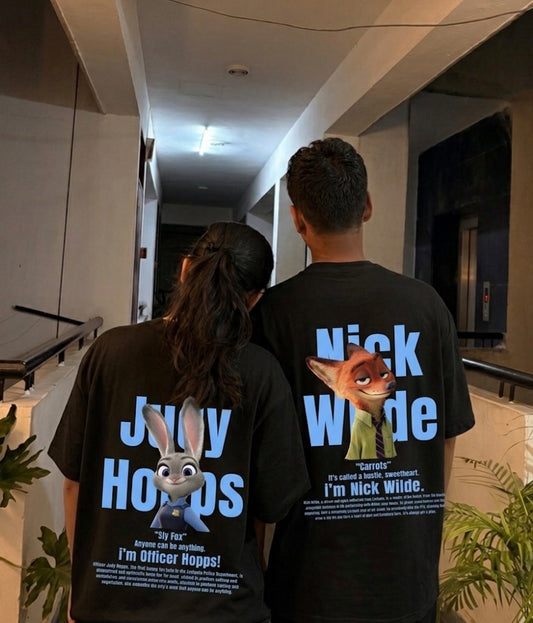 Pack of 2: Judy and Nick Zootopia Matching Black Oversized T-shirts (Back Side Printed)
