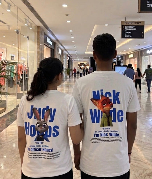 Pack of 2: Judy and Nick Zootopia Matching White Regular Fit T-shirts (Back Side Printed)