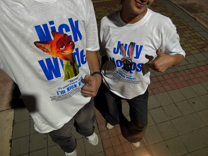 Pack of 2: Nick and Judy Zootopia Matching White Oversized T-shirts (Front Side Printed)