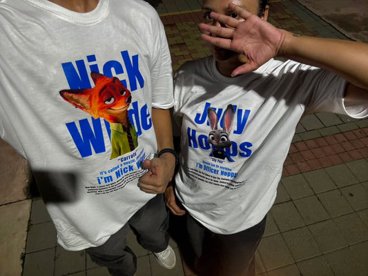 Pack of 2: Nick and Judy Zootopia Matching White Oversized T-shirts (Front Side Printed)
