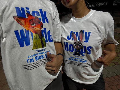 Pack of 2: Nick and Judy Zootopia Matching White Oversized T-shirts (Front Side Printed)
