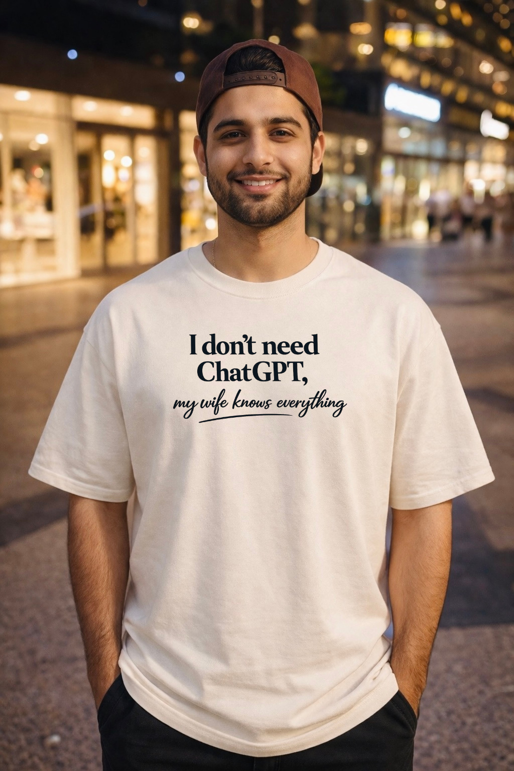 I don’t need ChatGPT, my wife knows everything Oversized T-shirt (Front side printed)