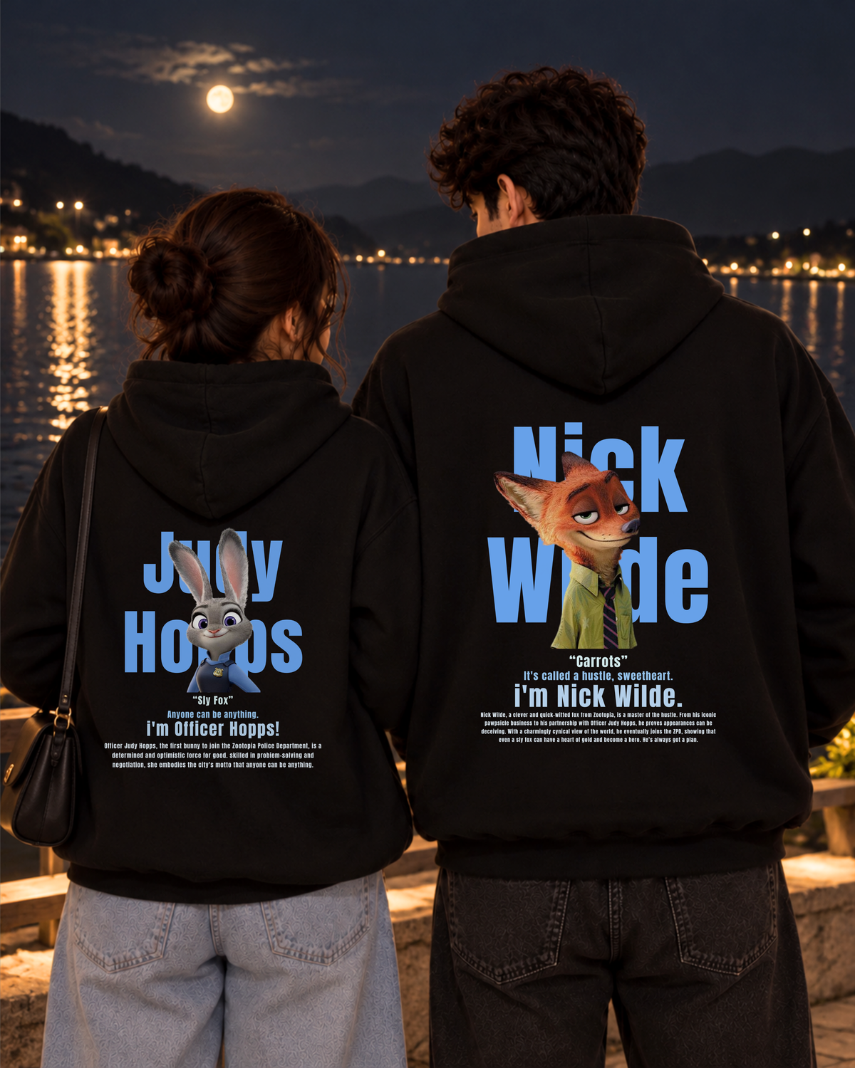 Pack of 2: Nick and Judy Zootopia Matching Hoodies (Back Side Printed) Black