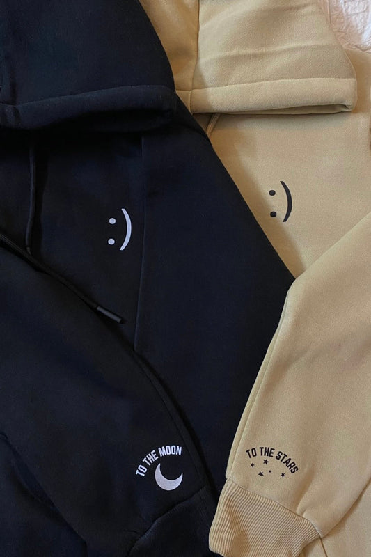 2 Pack : Smiley Printed Matching Hoodies with Printed Sleeves ( To the moon and To the stars)